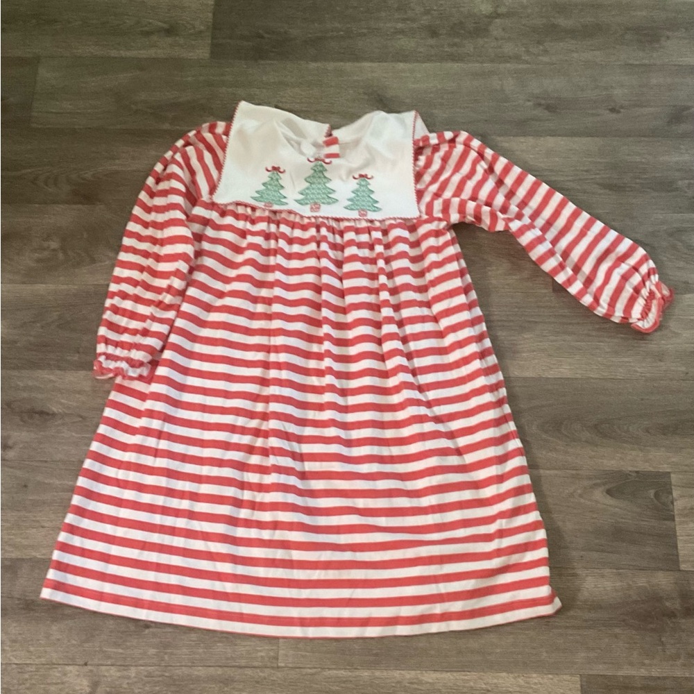 Striped Red and White Kids Dress with Christmas Tree Design